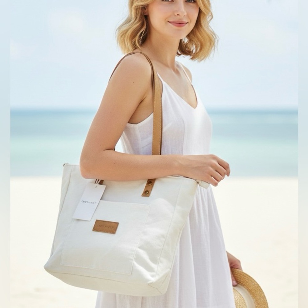 NEW Cozy Earth Cream Canvas Beach Casual Summer Tote Bag Purse